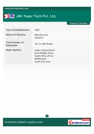 JMC Paper Tech Pvt. Ltd.
                                              - Company Factsheet -


Year of Establishment   2002

Nature of Business      Manufacturer
                        Exporter

Total Number of
                        101 to 500 People
Employees

Major Markets           Indian Subcontinent
                        East/Middle Africa
                        South/West Africa
                        Middle East
                        South East Asia
 