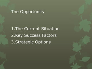 The Opportunity
1.The Current Situation
2.Key Success Factors
3.Strategic Options
 