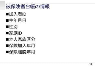 被保険者台帳の情報
加⼊者ID
⽣年⽉⽇
性別
家族ID
本⼈家族区分
保険加⼊年⽉
保険離脱年⽉
12
 
