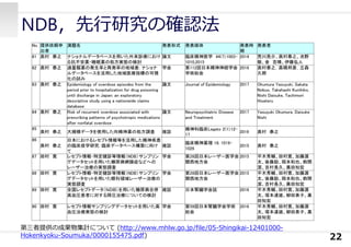 NDB，先⾏研究の確認法
22
第三者提供の成果物集計について (http://www.mhlw.go.jp/file/05-Shingikai-12401000-
Hokenkyoku-Soumuka/0000155475.pdf)
 