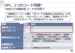 項⽬ 医科 DPC
傷病名コード ○ ○
ICD-10コード × ○
傷病名区分コード ×
○ (「医療資源を最も投⼊した傷病名」「副傷病
名」「主傷病名」「⼊院の契機となった傷病名」
「医療資源を2番⽬に投⼊した傷病名」「⼊院時併
存傷病名」「⼊院後発症傷病名」)
診療開始⽇ ○ ×
主傷病コード ○ × (傷病名区分で同定可)
DPC，2つのコード問題*
*JMDCでは傷病名コードを利⽤︖
41
「傷病名コード」の欄に「未コード化傷病名 (0000999)」と記
録されていても，「ICD-10コード」の欄に「傷病名マスター
に存在するコード」が記録されていることがある
 
