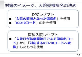 対策のイメージ，⼊院契機病名の決め
42
DPCレセプト
 「⼊院の契機となった傷病名」を使⽤
 「ICD10コード」のみを使⽤
医科⼊院レセプト
 「⼊院⽇が診療開始⽇である傷病名コー
ド」から「対応するICD-10コードへ変
換」したものを使⽤
 