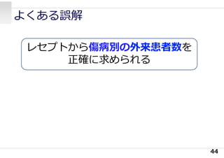 よくある誤解
44
レセプトから傷病別の外来患者数を
正確に求められる
 