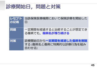 診療開始⽇，問題と対策
45
レセプト
の記載
当該保険医療機関において保険診療を開始した
⽇
問題 ⼀定期間を経過すると治癒することが想定でき
る傷病でも，傷病名が残り続ける
対策 診療開始⽇から⼀定期間を経過した傷病を削除
する (傷病名と傷病に特異的な診療⾏為を組み
合わせる)
 