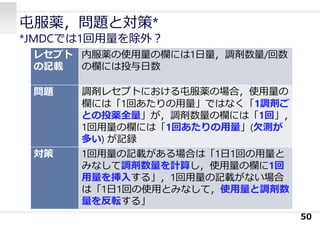屯服薬，問題と対策*
*JMDCでは1回⽤量を除外︖
50
レセプト
の記載
内服薬の使⽤量の欄には1⽇量，調剤数量/回数
の欄には投与⽇数
問題 調剤レセプトにおける屯服薬の場合，使⽤量の
欄には「1回あたりの⽤量」ではなく「1調剤ご
との投薬全量」が，調剤数量の欄には「1回」，
1回⽤量の欄には「1回あたりの⽤量」(⽋測が
多い) が記録
対策 1回⽤量の記載がある場合は「1⽇1回の⽤量と
みなして調剤数量を計算し，使⽤量の欄に1回
⽤量を挿⼊する」，1回⽤量の記載がない場合
は「1⽇1回の使⽤とみなして，使⽤量と調剤数
量を反転する」
 