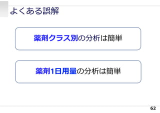 よくある誤解
62
薬剤クラス別の分析は簡単
薬剤1⽇⽤量の分析は簡単
 