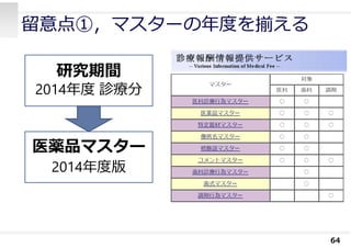 留意点①，マスターの年度を揃える
64
医薬品マスター
2014年度版
研究期間
2014年度 診療分
 