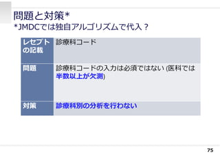 問題と対策*
*JMDCでは独⾃アルゴリズムで代⼊︖
75
レセプト
の記載
診療科コード
問題 診療科コードの⼊⼒は必須ではない (医科では
半数以上が⽋測)
対策 診療科別の分析を⾏わない
 