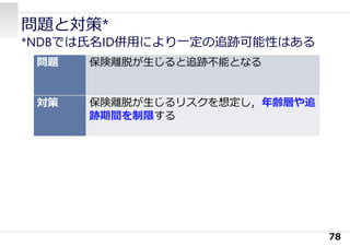 問題と対策*
*NDBでは⽒名ID併⽤により⼀定の追跡可能性はある
78
問題 保険離脱が⽣じると追跡不能となる
対策 保険離脱が⽣じるリスクを想定し，年齢層や追
跡期間を制限する
 