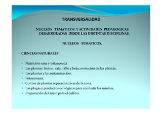 TRANSVERSALIDAD

        NUCLEOS TEMATICOS Y ACTIVIDADES PEDAGOGICAS
         DESARROLADAS DESDE LAS DISTINTAS DISCIPLINAS.

                           NUCLEOS TEMATICOS.

CIENCIAS NATURALES

 Nutrición sana y balanceada
 Las plantas: frutos, raíz, tallo y hoja; evolución de las plantas.
 Las plantas y la contaminación.
 Fotosíntesis.
 Cultivo de plantas representativas de la zona.
 Las plagas y productos ecológicos para combatir las mismas.
 Preparación del suelo para el cultivo.
 