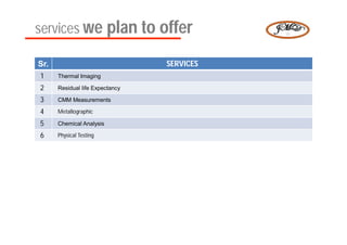 services we plan to offer

Sr.                              SERVICES
1     Thermal Imaging

2     Residual life Expectancy

3     CMM Measurements

4     Metallographic

5     Chemical Analysis

6     Physical Testing
 