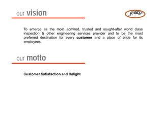 our vision

  To emerge as the most admired, trusted and sought-after world class
  inspection & other engineering services provider and to be the most
  preferred destination for every customer and a place of pride for its
  employees.




our motto

  Customer Satisfaction and Delight
 