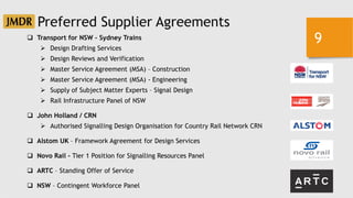 9
Preferred Supplier Agreements
 Transport for NSW – Sydney Trains
➢ Design Drafting Services
➢ Design Reviews and Verification
➢ Master Service Agreement (MSA) – Construction
➢ Master Service Agreement (MSA) - Engineering
➢ Supply of Subject Matter Experts – Signal Design
➢ Rail Infrastructure Panel of NSW
 John Holland / CRN
➢ Authorised Signalling Design Organisation for Country Rail Network CRN
 Alstom UK – Framework Agreement for Design Services
 Novo Rail - Tier 1 Position for Signalling Resources Panel
 ARTC – Standing Offer of Service
 NSW – Contingent Workforce Panel
 