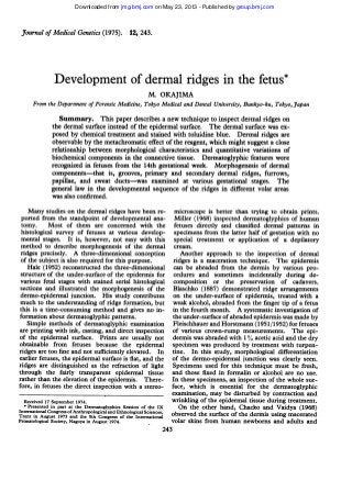 Journal of Medical Genetics (1975). 12, 243.
Development of dermal ridges in the fetus*
M. OKAJIMA
From the Department of Forensic Medicine, Tokyo Medical and Dental University, Bunkyo-ku, Tokyo, Japan
Summary. This paper describes a new technique to inspect dermal ridges on
the dermal surface instead of the epidermal surface. The dermal surface was ex-
posed by chemical treatment and stained with toluidine blue. Dermal ridges are
observable by the metachromatic effect ofthe reagent, which might suggest a close
relationship between morphological characteristics and quantitative variations of
biochemical components in the connective tissue. Dermatoglyphic features were
recognized in fetuses from the 14th gestational week. Morphogenesis of dermal
components-that is, grooves, primary and secondary dermal ridges, furrows,
papillae, and sweat ducts-was examined at various gestational stages. The
general law in the developmental sequence of the ridges in different volar areas
was also confirmed.
Many studies on the dermal ridges have been re-
ported from the standpoint of developmental ana-
tomy. Most of them are concerned with the
histological survey of fetuses at various develop-
mental stages. It is, however, not easy with this
method to describe morphogenesis of the dermal
ridges precisely. A three-dimensional conception
of the subject is also required for this purpose.
Hale (1952) reconstructed the three-dimensional
structure of the under-surface of the epidermis for
various fetal stages with stained serial histological
sections and illustrated the morphogenesis of the
dermo-epidermal junction. His study contributes
much to the understanding of ridge formation, but
this is a time-consuming method and gives no in-
formation about dermatoglyphic patterns.
Simple methods of dermatoglyphic examination
are printing with ink, casting, and direct inspection
of the epidermal surface. Prints are usually not
obtainable from fetuses because the epidermal
ridges are too fine and not sufficiently elevated. In
earlier fetuses, the epidermal surface is flat, and the
ridges are distinguished as the refraction of light
through the fairly transparent epidermal tissue
rather than the elevation of the epidermis. There-
fore, in fetuses the direct inspection with a stereo-
microscope is better than trying to obtain prints.
Miller (1968) inspected dermatoglyphics of human
fetuses directly and classified dermal patterns in
specimens from the latter half of gestation with no
special treatment or application of a depilatory
cream.
Another approach to the inspection of dermal
ridges is a maceration technique. The epidermis
can be abraded from the dermis by various pro-
cedures and sometimes incidentally during de-
composition or the preservation of cadavers.
Blaschko (1887) demonstrated ridge arrangements
on the under-surface of epidermis, treated with a
weak alcohol, abraded from the finger tip of a fetus
in the fourth month. A systematic investigation of
the under-surface of abraded epidermis was made by
Fleischhauer and Horstmann (1951/1952) for fetuses
of various crown-rump measurements. The epi-
dermis was abraded with 1% acetic acid and the dry
specimen was produced by treatment with turpen-
tine. In this study, morphological differentiation
of the dermo-epidermal junction was clearly seen.
Specimens used for this technique must be fresh,
and those fixed in formalin or alcohol are no use.
In these specimens, an inspection of the whole sur-
face, which is essential for the dermatoglyphic
examination, may be disturbed by contraction and
wrinkling of the epidermal tissue during treatment.
On the other hand, Chacko and Vaidya (1968)
observed the surface of the dermis using macerated
volar skins from human newborns and adults and
243
Received 17 September 1974.
* Presented in part at the Dermnatoglyphics Session of the IX
International Congress ofAnthropological and Ethnological Sciences,
Trent in August 1973 and the 5th Congress of the International
Primatological Society, Nagoya in August 1974.
group.bmj.comon May 23, 2013 - Published byjmg.bmj.comDownloaded from
 