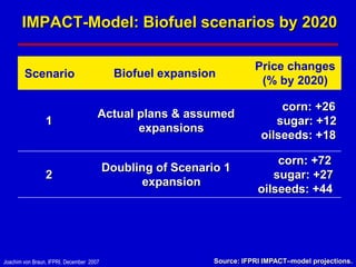 IMPACT-Model: Biofuel scenarios by 2020

                                                                        Price changes
        Scenario                            Biofuel expansion
                                                                         (% by 2020)

                                                                              corn: +26
                                      Actual plans & assumed
                 1                                                           sugar: +12
                                             expansions
                                                                          oilseeds: +18

                                                                             corn: +72
                                          Doubling of Scenario 1
                 2                                                          sugar: +27
                                                 expansion
                                                                         oilseeds: +44




Joachim von Braun, IFPRI, December 2007                      Source: IFPRI IMPACT–model projections.
 