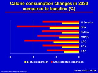 Calorie consumption changes in 2020
                   compared to baseline (%)


                                                                                  N America
                                                                                  SSA
                                                                                  S Asia
                                                                                  MENA
                                                                                  LAC
                                                                                  ECA
                                                                                  EAP

            -9                            -6               -3                 0

                                      Biofuel expansion   Drastic biofuel expansion


Joachim von Braun, IFPRI, December 2007
                                                                           Source: IMPACT-WATER.
 