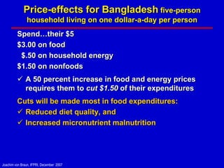 Price-effects for Bangladesh five-person
               household living on one dollar-a-day per person
         Spend…their $5
         $3.00 on food
          $.50 on household energy
         $1.50 on nonfoods
          A 50 percent increase in food and energy prices
           requires them to cut $1.50 of their expenditures
         Cuts will be made most in food expenditures:
          Reduced diet quality, and
          Increased micronutrient malnutrition




Joachim von Braun, IFPRI, December 2007
 
