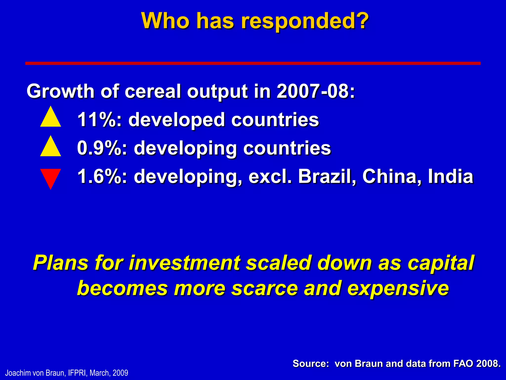 Who has responded?


      Growth of cereal output in 2007-08:
          11%: developed countries
          0.9%: developing countries
          1.6%: developing, excl. Brazil, China, India



        Plans for investment scaled down as capital
            becomes more scarce and expensive


                                                   Source: von Braun and data from FAO 2008.
Joachim von Braun, IFPRI, March, 2009
 