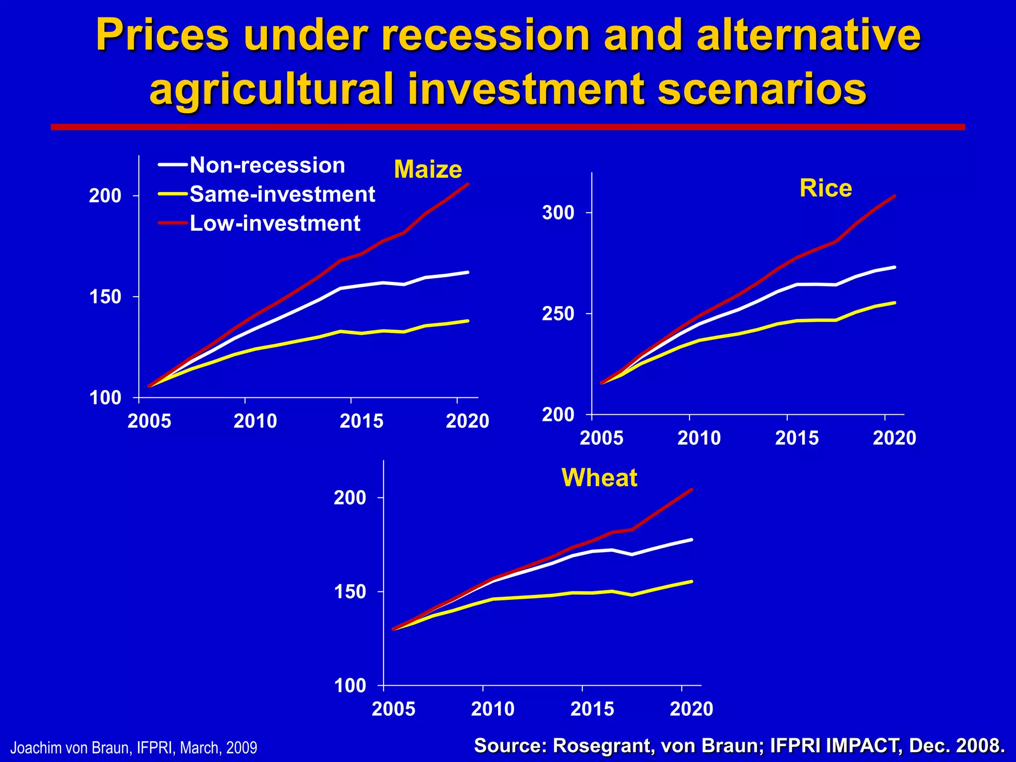 Prices under recession and alternative
              agricultural investment scenarios
                          Non-recession   Maize
           200            Same-investment                                               Rice
                                                              300
                          Low-investment


           150
                                                              250



           100
                 2005            2010   2015         2020     200
                                                                    2005   2010      2015      2020

                                                               Wheat
                                        200



                                        150



                                        100
                                              2005     2010     2015       2020
Joachim von Braun, IFPRI, March, 2009                  Source: Rosegrant, von Braun; IFPRI IMPACT, Dec. 2008.
 