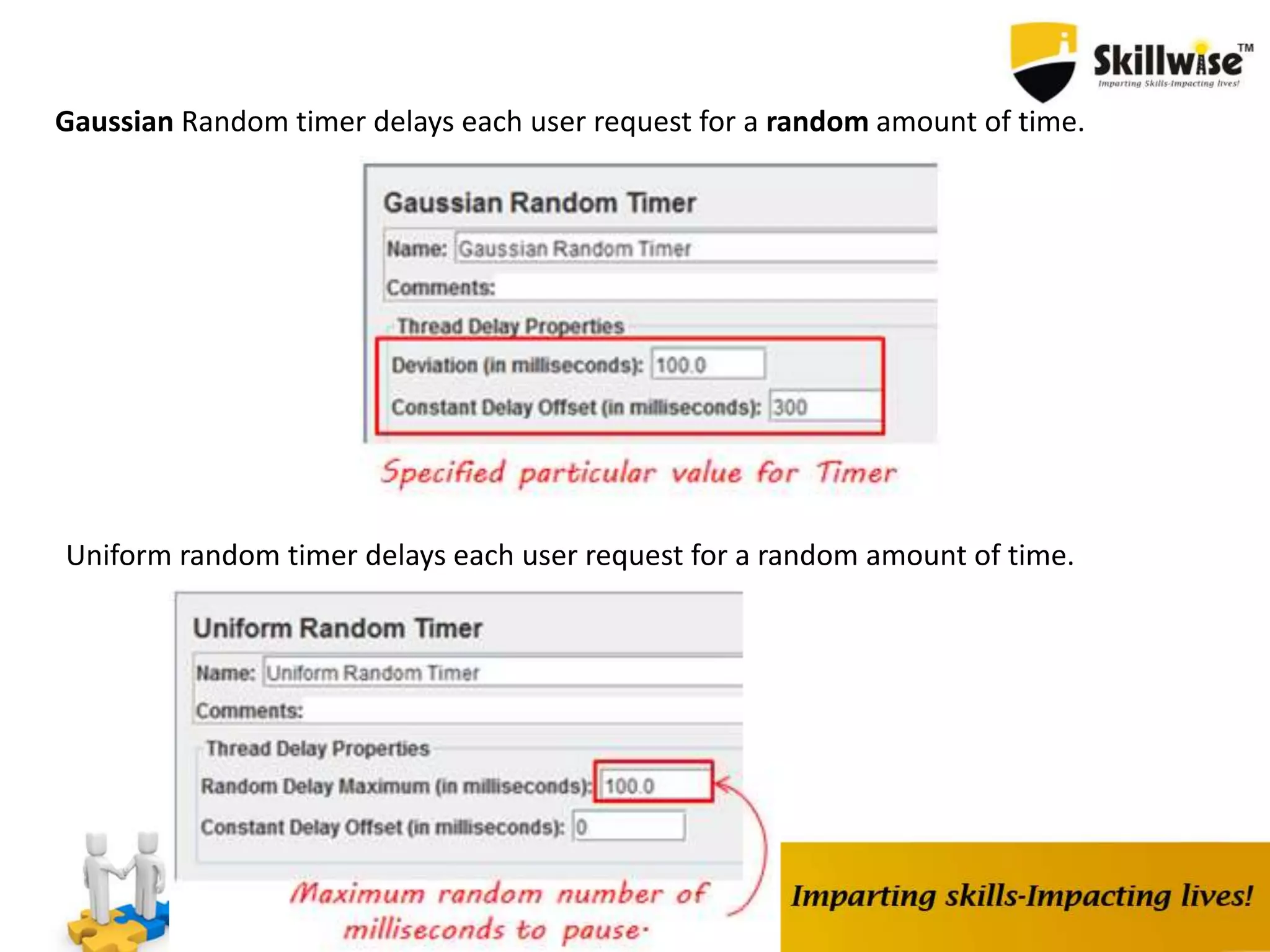 Gaussian Random timer delays each user request for a random amount of time.
Uniform random timer delays each user request for a random amount of time.
 
