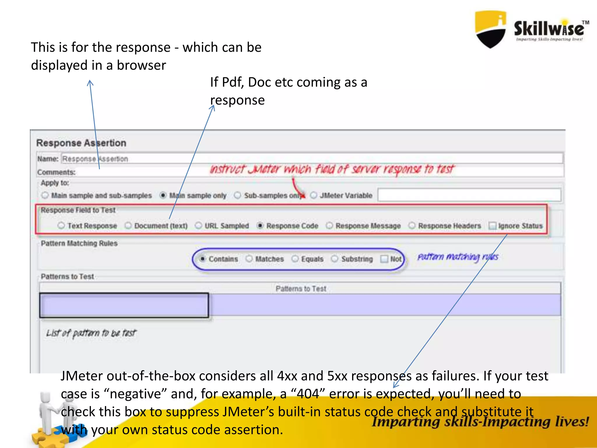 This is for the response - which can be
displayed in a browser
If Pdf, Doc etc coming as a
response
JMeter out-of-the-box considers all 4xx and 5xx responses as failures. If your test
case is “negative” and, for example, a “404” error is expected, you’ll need to
check this box to suppress JMeter’s built-in status code check and substitute it
with your own status code assertion.
 