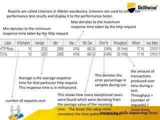 Reports are called Listeners in JMeter vocabulary. Listeners are used to collect the
performance test results and display it to the performance tester.
number of requests sent
Average is the average response
time for that particular http request.
This response time is in millisecond.
Min denotes to the minimum
response time taken by the http request
Max denotes to the maximum
response time taken by the http request
This shows how many exceptional cases
were found which were deviating from
the average value of the receiving
time. The lesser this value more
consistent the time pattern is assumed.
This denotes the
error percentage in
samples during run
the amount of
transactions
produced over
time during a
test.
Throughput =
(number of
requests) /
(total time).
 