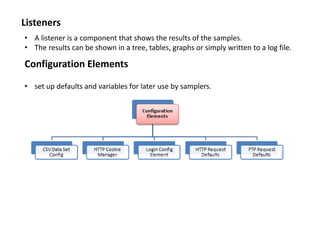Listeners
• A listener is a component that shows the results of the samples.
• The results can be shown in a tree, tables, graphs or simply written to a log file.
Configuration Elements
• set up defaults and variables for later use by samplers.
 