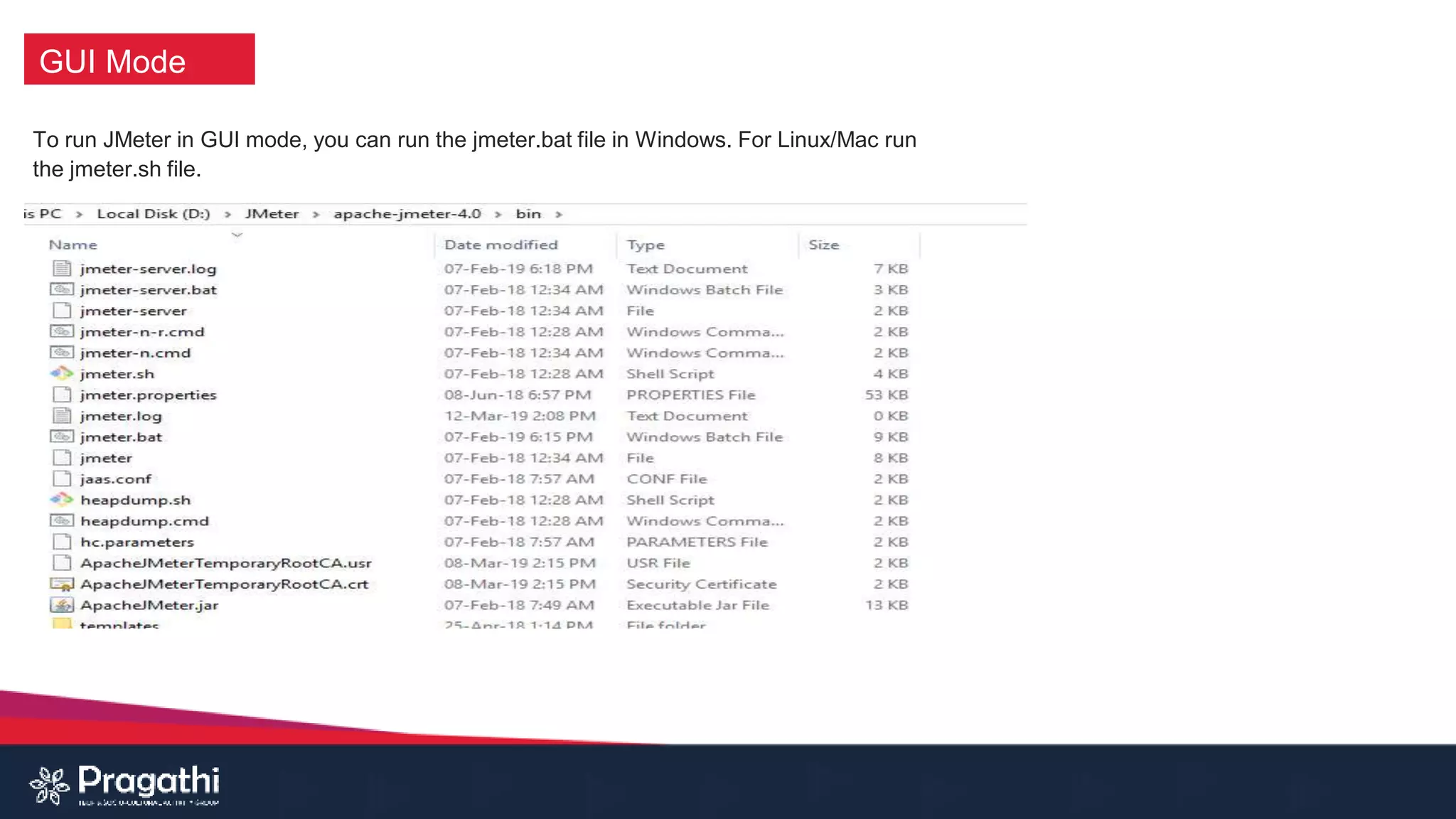 GUI Mode
To run JMeter in GUI mode, you can run the jmeter.bat file in Windows. For Linux/Mac run
the jmeter.sh file.
 