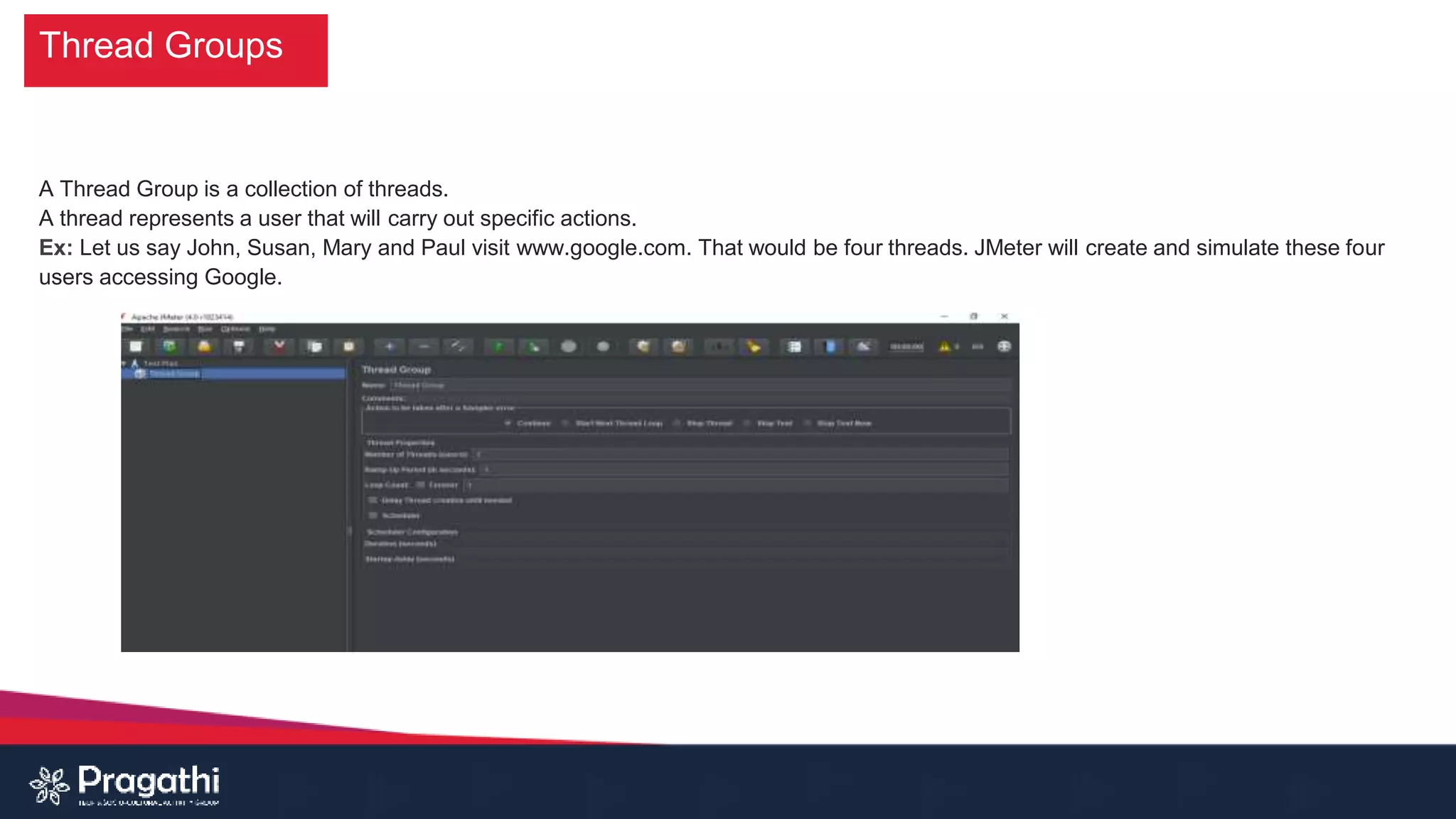 Thread Groups
A Thread Group is a collection of threads.
A thread represents a user that will carry out specific actions.
Ex: Let us say John, Susan, Mary and Paul visit www.google.com. That would be four threads. JMeter will create and simulate these four
users accessing Google.
 