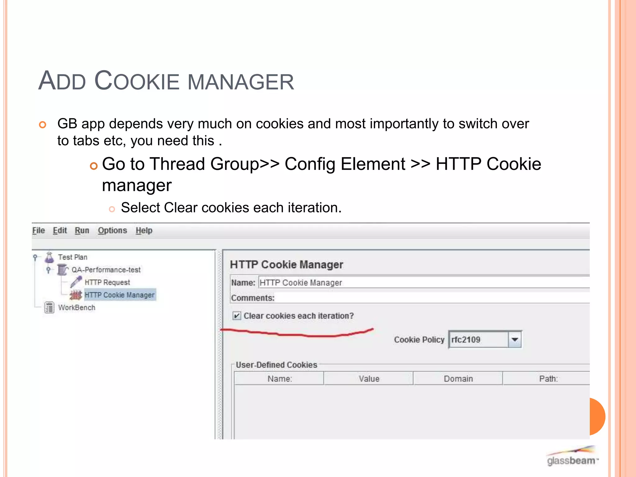 ADD COOKIE MANAGER


GB app depends very much on cookies and most importantly to switch over
to tabs etc, you need this .


Go to Thread Group>> Config Element >> HTTP Cookie
manager


Select Clear cookies each iteration.

 