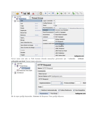 Server name (site adı) ve Path kısmına (burada anasayfayı göstermek için / kullanıldı) /urlismi-
urlismidevam.html benzer tanım giriyoruz.
Bir de rapor grafiği oluşturalım. Listener ile Response Time grafiği ekliyoruz.
 