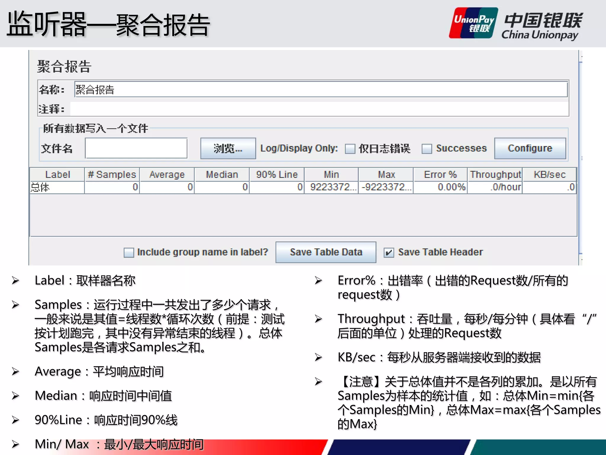 监听器—聚合报告



Label：取样器名称



Samples：运行过程中一共发出了多少个请求，
一般来说是其值=线程数*循环次数（前提：测试
按计划跑完，其中没有异常结束的线程）。总体
Samples是各请求Samples之和。



Average：平均响应时间



Median：响应时间中间值



90%Line：响应时间90%线



Min/ Max ：最小/最大响应时间



Error%：出错率（出错的Request数/所有的
request数）



Throughput：吞吐量，每秒/每分钟（具体看“/”
后面的单位）处理的Request数



KB/sec：每秒从服务器端接收到的数据



【注意】关于总体值并不是各列的累加。是以所有
Samples为样本的统计值，如：总体Min=min{各
个Samples的Min}，总体Max=max{各个Samples
的Max}

 