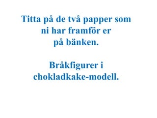 Titta på de två papper som 
ni har framför er 
på bänken. 
Bråkfigurer i 
chokladkake-modell. 
 
