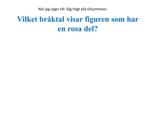 När jag säger till: Säg högt alla tillsammans. 
Vilket bråktal visar figuren som har 
en rosa del? 
 