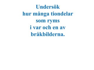 Undersök 
hur många tiondelar 
som ryms 
i var och en av 
bråkbilderna. 
 