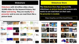 The Slideshow Store has designed the
slideshows as picture books and anyone who
wants to can read them on their own.
No presenter is needed.
Slideshare with 18 million slides shows
10,000 slides for the keyword history. But
these look boring. They are mostly for a
presenter and no one can read them like a
picture book
Slideshare Slideshow Store
https://payhip.com/DernbackHistory
 