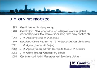 J. M. GEMINI’S PROGRESS

1983   Gemini set up in Hong Kong;
1988   Gemini joins NPA worldwide recruiting network, a global
       partnership with 436 premier recruiting firms on 6 continents;
1993   J. M. Agency set up in Shanghai;
1999   Received China Recruitment and Executive Search License
2001   J. M. Agency set up in Beijing
2002   J. M. Agency merged with Gemini to form J. M. Gemini
2003   J. M. Gemini set up Guangzhou office
2008   Commence Interim Management Solutions division
 