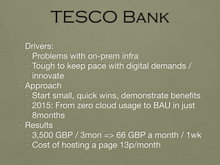 • Drivers: 

• Problems with on-prem infra

• Tough to keep pace with digital demands /
innovate

• Approach

• Start small, quick wins, demonstrate beneﬁts

• 2015: From zero cloud usage to BAU in just
8months

• Results

• 3,500 GBP / 3mon => 66 GBP a month / 1wk

• Cost of hosting a page 13p/month
TESCO Bank
 