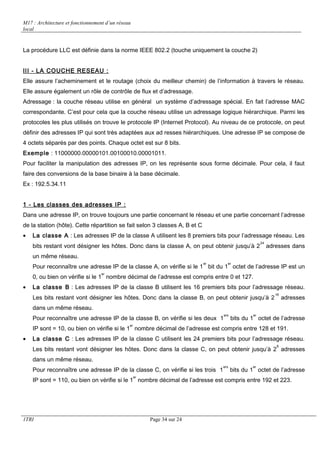 M17 : Architecture et fonctionnement d’un réseau 
local 
La procédure LLC est définie dans la norme IEEE 802.2 (touche uniquement la couche 2) 
III - LA COUCHE RESEAU : 
Elle assure l’acheminement et le routage (choix du meilleur chemin) de l’information à travers le réseau. 
Elle assure également un rôle de contrôle de flux et d’adressage. 
Adressage : la couche réseau utilise en général un système d’adressage spécial. En fait l’adresse MAC 
correspondante. C’est pour cela que la couche réseau utilise un adressage logique hiérarchique. Parmi les 
protocoles les plus utilisés on trouve le protocole IP (Internet Protocol). Au niveau de ce protocole, on peut 
définir des adresses IP qui sont très adaptées aux ad resses hiérarchiques. Une adresse IP se compose de 
4 octets séparés par des points. Chaque octet est sur 8 bits. 
Exemple : 11000000.00000101.00100010.00001011. 
Pour faciliter la manipulation des adresses IP, on les représente sous forme décimale. Pour cela, il faut 
faire des conversions de la base binaire à la base décimale. 
Ex : 192.5.34.11 
1 - Les classes des adresses IP : 
Dans une adresse IP, on trouve toujours une partie concernant le réseau et une partie concernant l’adresse 
de la station (hôte). Cette répartition se fait selon 3 classes A, B et C 
· La classe A : Les adresses IP de la classe A utilisent les 8 premiers bits pour l’adressage réseau. Les 
bits restant vont désigner les hôtes. Donc dans la classe A, on peut obtenir jusqu’à 224 adresses dans 
un même réseau. 
Pour reconnaître une adresse IP de la classe A, on vérifie si le 1er bit du 1er octet de l’adresse IP est un 
0, ou bien on vérifie si le 1er nombre décimal de l’adresse est compris entre 0 et 127. 
· La classe B : Les adresses IP de la classe B utilisent les 16 premiers bits pour l’adressage réseau. 
Les bits restant vont désigner les hôtes. Donc dans la classe B, on peut obtenir jusqu’à 216 adresses 
dans un même réseau. 
Pour reconnaître une adresse IP de la classe B, on vérifie si les deux 1ers bits du 1er octet de l’adresse 
IP sont = 10, ou bien on vérifie si le 1er nombre décimal de l’adresse est compris entre 128 et 191. 
· La classe C : Les adresses IP de la classe C utilisent les 24 premiers bits pour l’adressage réseau. 
Les bits restant vont désigner les hôtes. Donc dans la classe C, on peut obtenir jusqu’à 28 adresses 
dans un même réseau. 
Pour reconnaître une adresse IP de la classe C, on vérifie si les trois 1ers bits du 1er octet de l’adresse 
IP sont = 110, ou bien on vérifie si le 1er nombre décimal de l’adresse est compris entre 192 et 223. 
1TRI Page 34 sur 24 
 