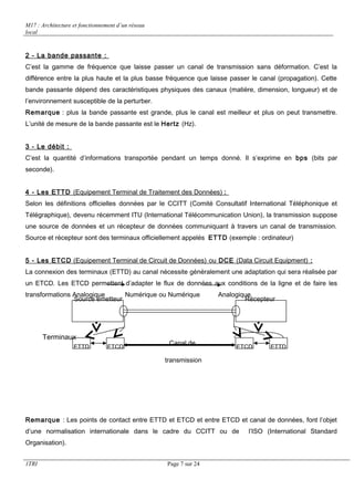M17 : Architecture et fonctionnement d’un réseau 
local 
2 - La bande passante : 
C’est la gamme de fréquence que laisse passer un canal de transmission sans déformation. C’est la 
différence entre la plus haute et la plus basse fréquence que laisse passer le canal (propagation). Cette 
bande passante dépend des caractéristiques physiques des canaux (matière, dimension, longueur) et de 
l’environnement susceptible de la perturber. 
Remarque : plus la bande passante est grande, plus le canal est meilleur et plus on peut transmettre. 
L’unité de mesure de la bande passante est le Hertz (Hz). 
3 - Le débit : 
C’est la quantité d’informations transportée pendant un temps donné. Il s’exprime en bps (bits par 
seconde). 
4 - Les ETTD (Equipement Terminal de Traitement des Données) : 
Selon les définitions officielles données par le CCITT (Comité Consultatif International Téléphonique et 
Télégraphique), devenu récemment ITU (International Télécommunication Union), la transmission suppose 
une source de données et un récepteur de données communiquant à travers un canal de transmission. 
Source et récepteur sont des terminaux officiellement appelés ETTD (exemple : ordinateur) 
5 - Les ETCD (Equipement Terminal de Circuit de Données) ou DCE (Data Circuit Equipment) : 
La connexion des terminaux (ETTD) au canal nécessite généralement une adaptation qui sera réalisée par 
un ETCD. Les ETCD permettent d’adapter le flux de données aux conditions de la ligne et de faire les 
transformations Analogique Numérique ou Numérique Analogique 
Source émetteur 
Terminaux 
ETTD ETCD 
Remarque : Les points de contact entre ETTD et ETCD et entre ETCD et canal de données, font l’objet 
d’une normalisation internationale dans le cadre du CCITT ou de l’ISO (International Standard 
Organisation). 
1TRI Page 7 sur 24 
Récepteur 
Canal de ETCD ETTD 
transmission 
 