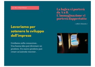 Lavoriamo per
sotenere lo sviluppo
dell'impresa
Crediamo nella conoscenza .
Una buona idea può diventare un
prodotto. Un nuovo prodotto può
creare un'azienda vincente .
La logica vi porterà
da A a B.
L’immaginazione vi
porterà dappertutto
( Albert Einstein )
LA NS. STRATEGIA
 