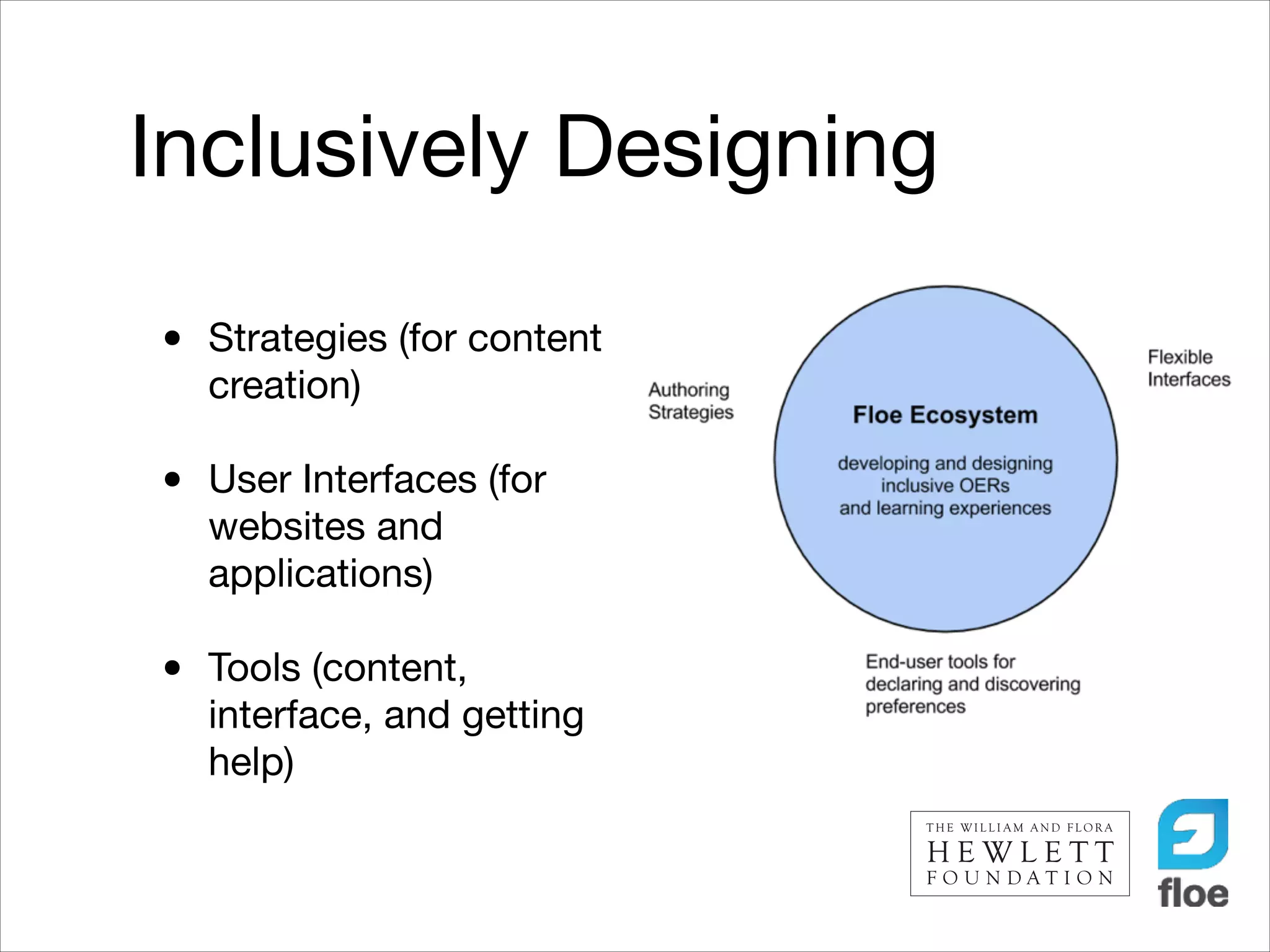 Inclusively Designing
•

Strategies (for content
creation)


•

User Interfaces (for
websites and
applications)


•

Tools (content,
interface, and getting
help)

 