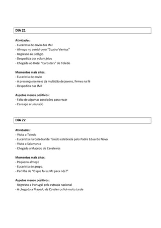 DIA 21

Atividades:
- Eucaristia de envio das JMJ
- Almoço no aeródromo “Cuatro Vientos”
- Regresso ao Colégio
- Despedida dos voluntários
- Chegada ao Hotel “Eurostars” de Toledo

Momentos mais altos:
- Eucaristia de envio
- A presença no meio da multidão de jovens, firmes na fé
- Despedida das JMJ

Aspetos menos positivos:
- Falta de algumas condições para rezar
- Cansaço acumulado



DIA 22

Atividades:
- Visita a Toledo
- Eucaristia na Catedral de Toledo celebrada pelo Padre Eduardo Novo
- Visita a Salamanca
- Chegada a Macedo de Cavaleiros

Momentos mais altos:
- Pequeno almoço
- Eucaristia de grupo.
- Partilha de “O que foi a JMJ para nós?”

Aspetos menos positivos:
- Regresso a Portugal pela estrada nacional
- A chegada a Macedo de Cavaleiros foi muito tarde
 