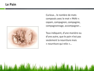 Le Pain

          Curieux… le nombre de mots
          composés avec le mot « PAIN »:
          copain, compagnon, compagnie,
          compagnonnage, accompagner…

          Tous indiquent, d’une manière ou
          d’une autre, que le pain n’est pas
          seulement la nourriture mais
          « nourriture qui relie »…
 