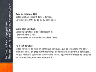 Une personne « reliée » et « connectée »
                                           Type de relation: CDD
                                           Cette relation s’inscrit dans le temps.
                                           Le temps des JMJ: du 10 au 22 août 2011
Le rôle de l’accompagnateur:




                                           Sur le plan spirituel,
                                           L’accompagnateur aide l’adolescent à:
                                           - grandir dans la Foi
                                           - reconnaître les traces de Dieu dans sa vie…


                                           FO K ’CA BOUGE !
                                           L’idée force est de faire en sorte que ça bouge, que ça se questionne pour
                                           aller plus loin… en proposant des temps de relecture, de prière, d’échanges…
                                           Ne pas hésiter à conseiller sur certains textes, à garder des traces de ce qui se
                                           vit sur un cahier, un carnet de route !
 