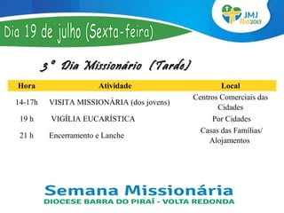 3º Dia Missionário (Tarde)
 Hora                    Atividade                  Local
                                            Centros Comerciais das 
 14-17h   VISITA MISSIONÁRIA (dos jovens)
                                                   Cidades
 19 h       VIGÍLIA EUCARÍSTICA                   Por Cidades
                                              Casas das Famílias/ 
  21 h     Encerramento e Lanche 
                                                 Alojamentos 
 