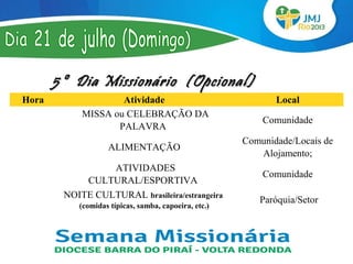 5º Dia Missionário (Opcional)
Hora                Atividade                                Local
            MISSA ou CELEBRAÇÃO DA 
                                                          Comunidade
                   PALAVRA 
                                                      Comunidade/Locais de 
                    ALIMENTAÇÃO 
                                                         Alojamento;
                  ATIVIDADES 
                                                          Comunidade
            CULTURAL/ESPORTIVA 
        NOITE CULTURAL brasileira/estrangeira
                                                          Paróquia/Setor
           (comidas típicas, samba, capoeira, etc.)
 
