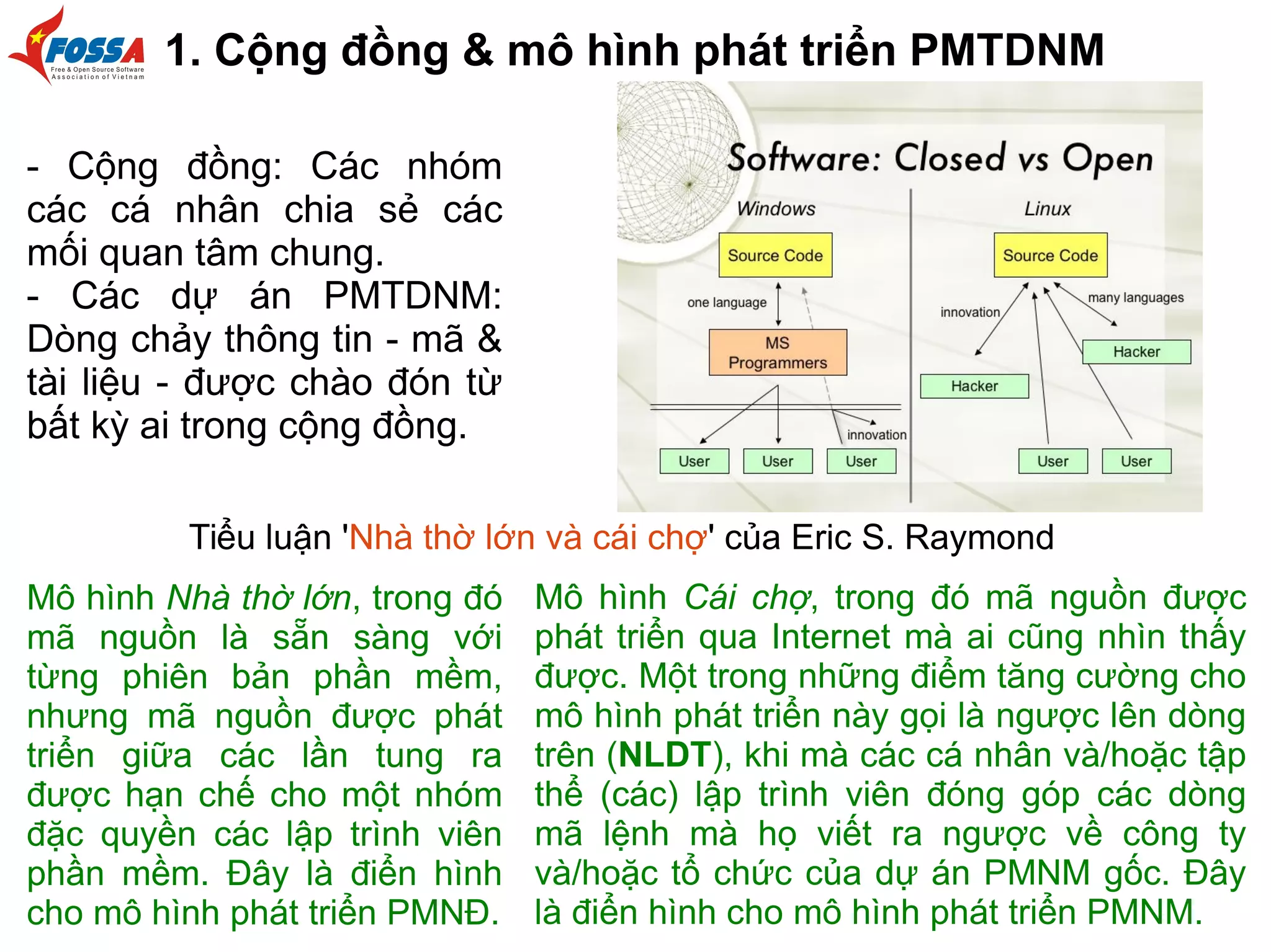 1. Cộng đồng & mô hình phát triển PMTDNM
- Cộng đồng: Các nhóm
các cá nhân chia sẻ các
mối quan tâm chung.
- Các dự án PMTDNM:
Dòng chảy thông tin - mã &
tài liệu - được chào đón từ
bất kỳ ai trong cộng đồng.
Mô hình Nhà thờ lớn, trong đó
mã nguồn là sẵn sàng với
từng phiên bản phần mềm,
nhưng mã nguồn được phát
triển giữa các lần tung ra
được hạn chế cho một nhóm
đặc quyền các lập trình viên
phần mềm. Đây là điển hình
cho mô hình phát triển PMNĐ.
Mô hình Cái chợ, trong đó mã nguồn được
phát triển qua Internet mà ai cũng nhìn thấy
được. Một trong những điểm tăng cường cho
mô hình phát triển này gọi là ngược lên dòng
trên (NLDT), khi mà các cá nhân và/hoặc tập
thể (các) lập trình viên đóng góp các dòng
mã lệnh mà họ viết ra ngược về công ty
và/hoặc tổ chức của dự án PMNM gốc. Đây
là điển hình cho mô hình phát triển PMNM.
Tiểu luận 'Nhà thờ lớn và cái chợ' của Eric S. Raymond
 