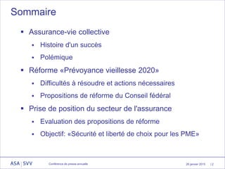 26 janvier 2015 | 2
Sommaire
Conférence de presse annuelle
 Assurance-vie collective
 Histoire d'un succès
 Polémique
 Réforme «Prévoyance vieillesse 2020»
 Difficultés à résoudre et actions nécessaires
 Propositions de réforme du Conseil fédéral
 Prise de position du secteur de l'assurance
 Evaluation des propositions de réforme
 Objectif: «Sécurité et liberté de choix pour les PME»
 