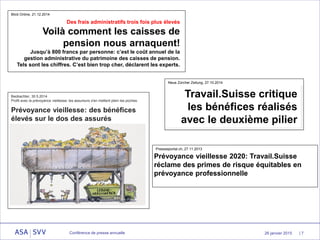26 janvier 2015Conférence de presse annuelle | 7
Prévoyance vieillesse: des bénéfices
élevés sur le dos des assurés
Beobachter, 30.5.2014
Profit avec la prévoyance vieillesse: les assureurs s'en mettent plein les poches.
Blick Online, 21.12.2014
Neue Zürcher Zeitung, 27.10.2014
Prévoyance vieillesse 2020: Travail.Suisse
réclame des primes de risque équitables en
prévoyance professionnelle
Pressseportal.ch, 27.11.2013
Travail.Suisse critique
les bénéfices réalisés
avec le deuxième pilier
Des frais administratifs trois fois plus élevés
Voilà comment les caisses de
pension nous arnaquent!
Jusqu’à 800 francs par personne: c’est le coût annuel de la
gestion administrative du patrimoine des caisses de pension.
Tels sont les chiffres. C’est bien trop cher, déclarent les experts.
 